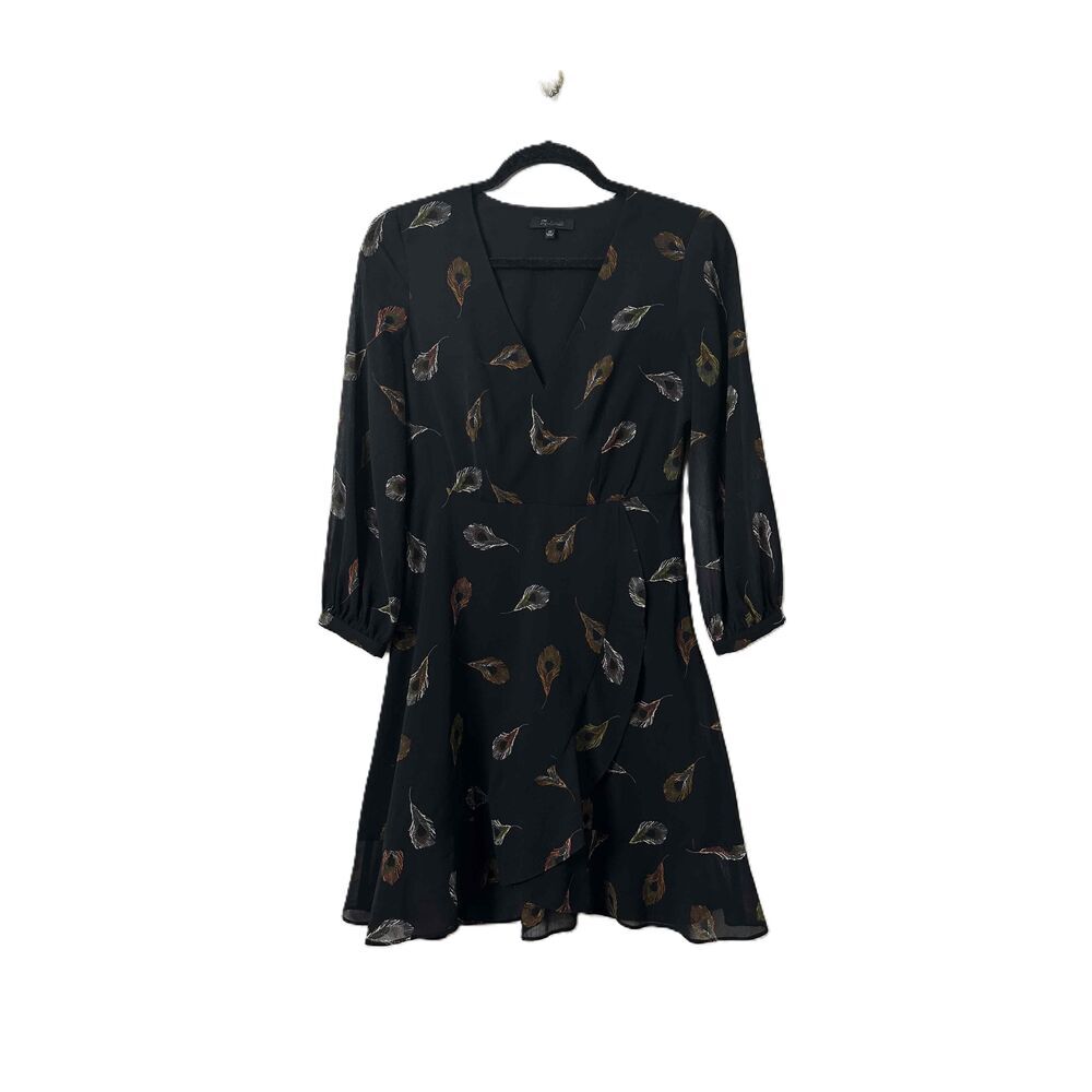 Madewell Dress Womens Size 00 Black Peacock Feathers Wrap A Line - Picture 2 of 11